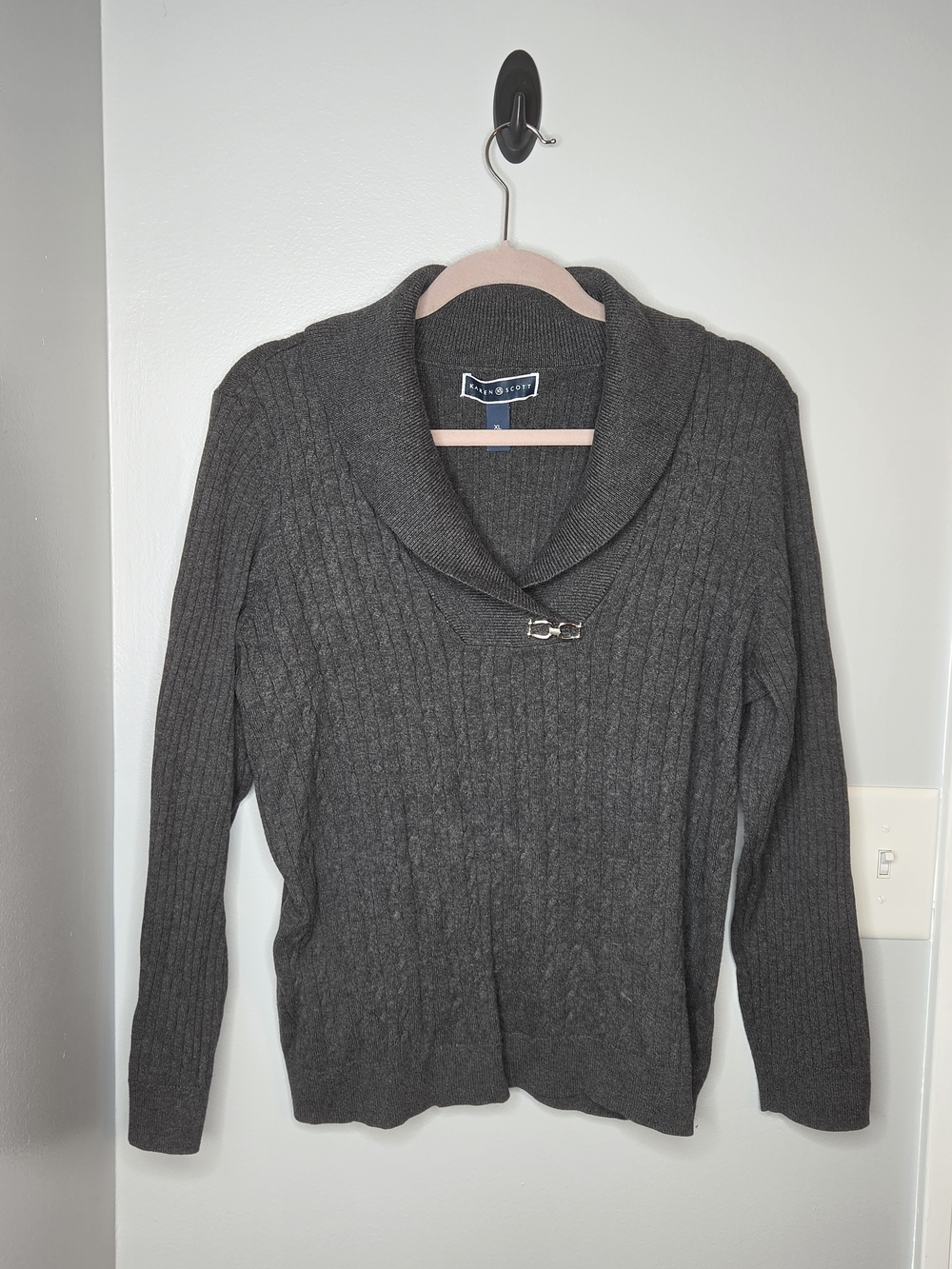 Karen Scott Charcoal Ribbed Shawl-Collar Sweater with Clasp